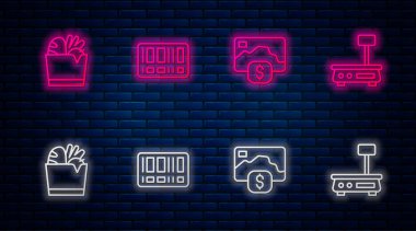 Barkod, kredi kartı, alışveriş torbası, yiyecek ve elektronik terazi. Tuğla duvarda parlayan neon simgesi. Vektör