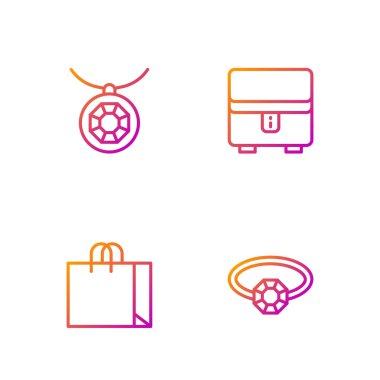 Elmas nişan yüzüğü, alışveriş çantası, kolye kolyesi ve mücevher kutusu. Renk simgeleri. Vektör