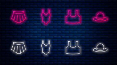 Çizgili mayo, atlet, etek ve erkek şapkası. Tuğla duvarda parlayan neon simgesi. Vektör