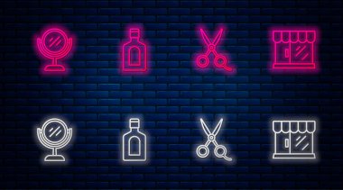 Şampuan şişesi, makas kuaförü, el aynası ve berber dükkanı. Tuğla duvarda parlayan neon simgesi. Vektör
