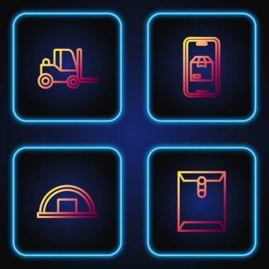 Hattı Envelope, Warehouse, Forklift kamyoneti ve mobil uygulama teslimat takibini ayarla. Renk simgeleri. Vektör