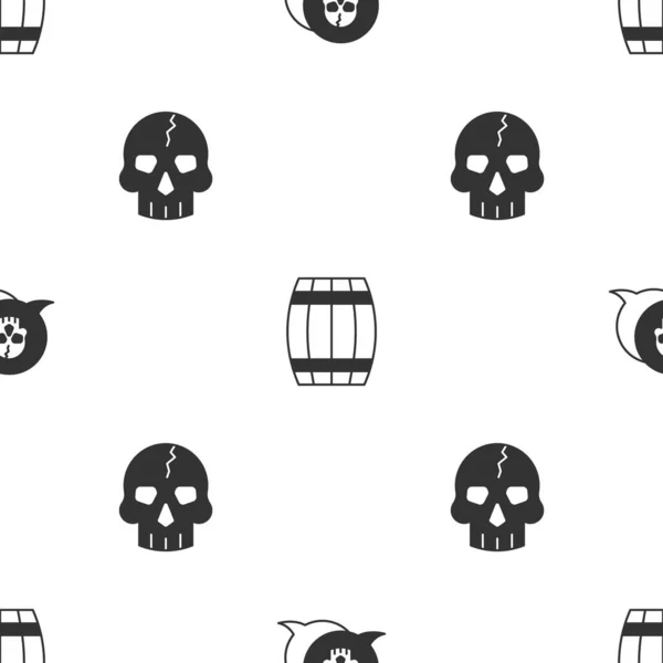 Set Skull Wooden Barrel Seamless Pattern Vector — Stock Vector