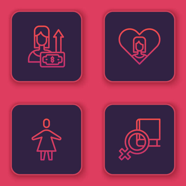 Установите линию Деньги рост женщина, Женщина, Сердце с женщиной и Книга о женщинах. Синяя квадратная кнопка. Вектор