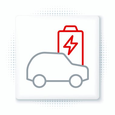 Elektrik hattı arabası ve elektrik kablosu şarj ikonu beyaz arka planda izole edildi. Yenilenebilir ekolojik teknolojiler. Renkli taslak konsepti. Vektör