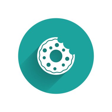 Uzun gölgeli tatlı ikonlu beyaz çörek. Yeşil daire düğmesi. Vektör.