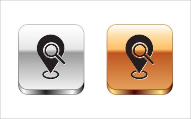 Siyah Arama konumu simgesi beyaz arkaplanda izole edildi. İşaretli büyüteç. Gümüş-altın kare düğme. Vektör.