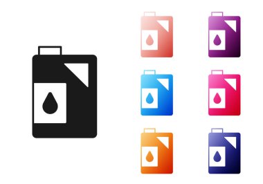 Beyaz arka planda izole edilmiş motor makine yağı ikonu için siyah kutu. Benzin bidonu. Yağ değiştirme ve onarım servisi. Motor yağı işareti. Simgeleri renklendirin. Vektör.