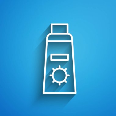 Mavi arka planda izole edilmiş beyaz çizgi güneş kremi ikonu. Cilt için güneş ultraviyole ışığından koruma. Uzun gölge. Vektör.