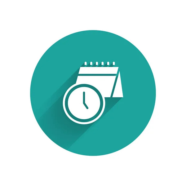 白色日历和时钟图标与长长的阴影隔离 日程安排 组织者 时间表 时间管理 绿色圆环按钮 — 图库矢量图片