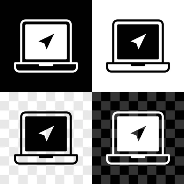 Set Laptop Met Locatiemarkering Pictogram Geïsoleerd Zwart Wit Transparante Achtergrond — Stockvector