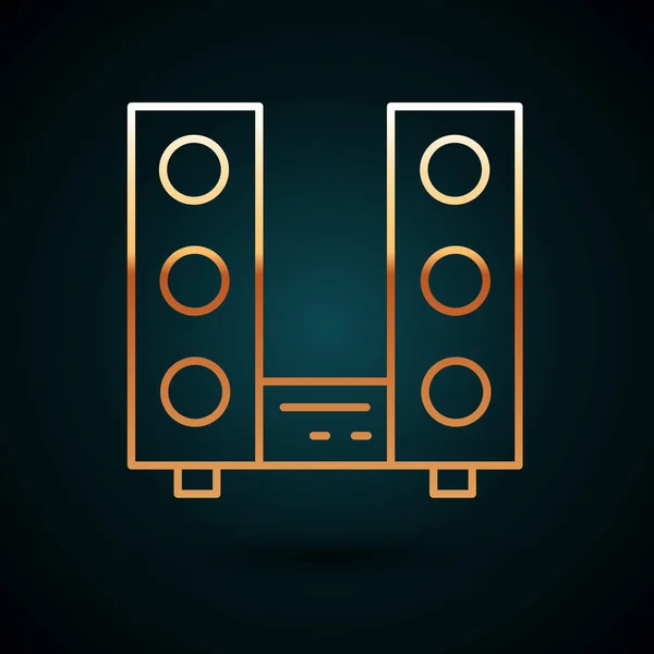 Gold Line Home Stereo Mit Zwei Lautsprechersymbolen Isoliert Auf Dunkelblauem — Stockvektor