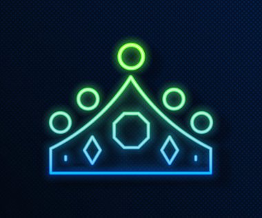 Parlayan neon hattı, Kral Crown simgesi mavi arka planda izole edildi. Vektör