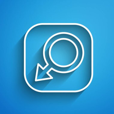 Beyaz çizgi erkek cinsiyet sembolü mavi arkaplanda izole edilmiş. Uzun gölge. Vektör