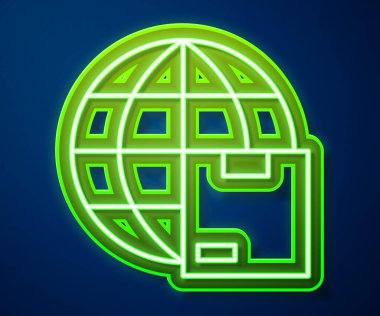 Parlayan neon hattı dünya çapında nakliye ve karton kutu simgesi mavi arkaplanda izole edildi. Vektör