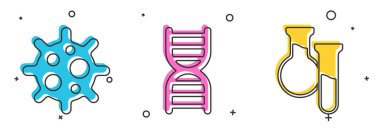 Virüsü, DNA sembolünü, test tüpünü ve matara simgesini ayarla. Vektör.