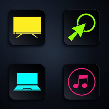 Müzik notası, ton, Smart Tv, Laptop ve Arrow imleci. Siyah kare düğme. Vektör.