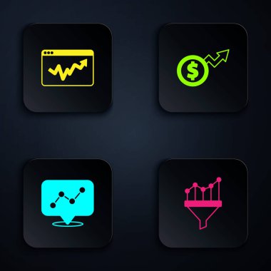 Satış hunisini grafikle, grafik bilgisiyle ve finansal büyüme dolarıyla ayarla. Siyah kare düğme. Vektör