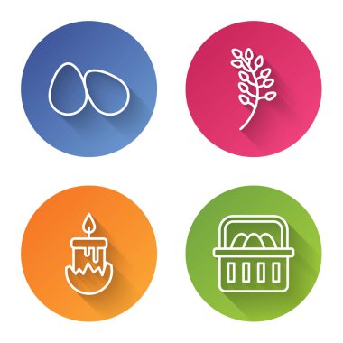 Paskalya yumurtaları, söğüt yaprağı, yanan mum ve paskalya yumurtaları. Renkli daire düğmesi. Vektör