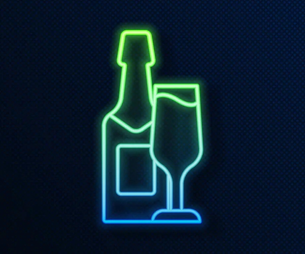 Glowing Neon Line Champagne Bottle Glass Champagne Icon Isolated Blue — Stock Vector