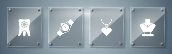 Установите Ожерелье Манекен Кулоном Форме Сердца Наручные Часы Зубной Алмаз — стоковый вектор