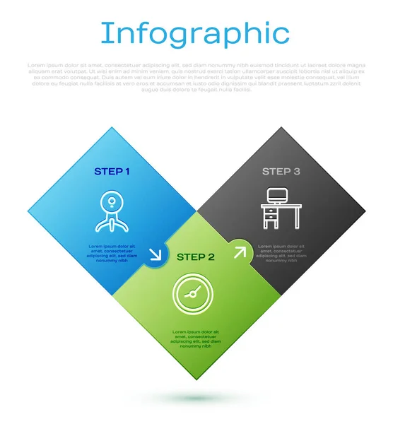 Set line Web camera, Computer monitor and desk and Clock. Business infographic template. Vector — Vetor de Stock