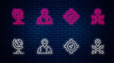 Dünya, pusula, pusula ve dünyanın yerini belirleyin. Tuğla duvarda parlayan neon simgesi. Vektör