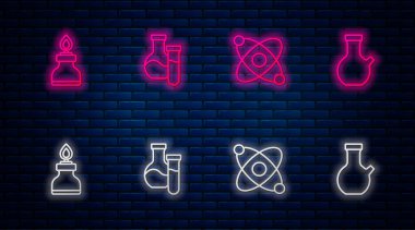 Test tüpü, atom, alkol ya da ruh yakıcı ayarlayın. Tuğla duvarda parlayan neon simgesi. Vektör