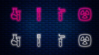 Hat Test Tüpü ve Radyoaktif 'i ayarla. Tuğla duvarda parlayan neon simgesi. Vektör