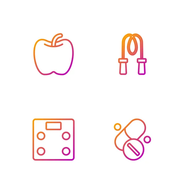 Set line Vitamin pill, Bathroom scales, Apple and Jump rope. Gradient color icons. Vector — Vector de stock
