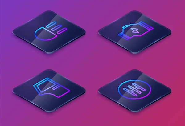 Set Isometric line High beam, Car door, Check engine and Gear shifter. Blue square button. Vector — Vector de stock