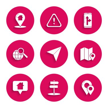 Kağıt uçak, trafik işareti, harita pimi, konum işaretleyicili katlanmış harita, işaret evi, büyüteç küre, şehir navigasyon ve simge bilgileri. Vektör