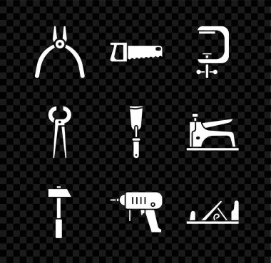 Kerpeten aleti, el testeresi, kıskaç vidası, çekiç, elektrikli matkap, tahta uçak, kıskaç ve macun bıçağı ikonu. Vektör