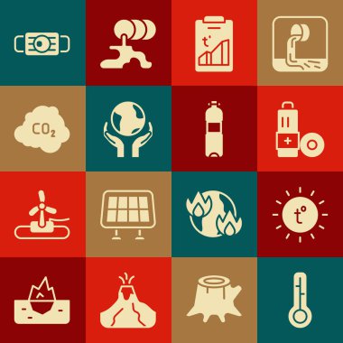 Meteoroloji termometresi, güneş, batarya, küresel ısınma, Dünya 'yı tutan eller, CO2 emisyon bulutu, tıbbi koruyucu maske ve bir şişe su ikonu. Vektör