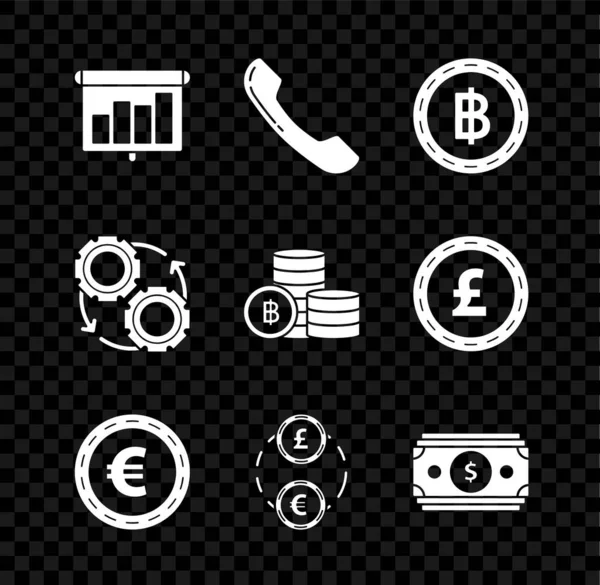 Set Présentation tableau financier avec graphique, Crypto-monnaie pièce Bitcoin, Monnaie monnaie symbole euro, Change, Empile de papier comptant, Flèches d'engrenage processus concept et icône. Vecteur — Image vectorielle