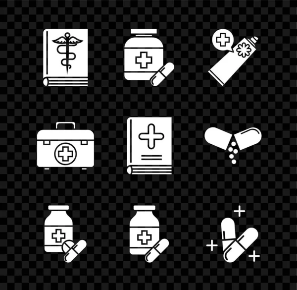 Set Medizinisches Buch, Medizin Flasche und Pillen, Salbe Creme Tube Medizin oder Tablette, Verbandskasten und Symbol. Vektor — Stockvektor