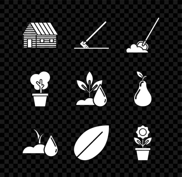 Set Farm house, Garden rake in work, Shovel the ground, Watering sprout, Leaf, Flower pot, Tree and plant icon. Vector — Vettoriale Stock