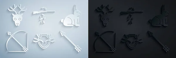 Set Deer antlers on shield, Rabbit, Bow and arrow in quiver, Hipster, Gun shooting and head with icon. Vector — стоковий вектор