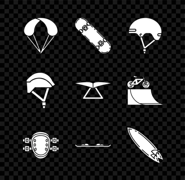 Set Parachute, Skateboard trick, Helmet, Knee pads, Snowboard, Surfboard, Bicycle helmet and Hang glider icon. Vector — Archivo Imágenes Vectoriales
