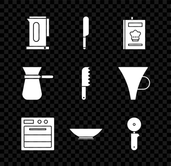 Set Wasserkocher mit Griff, Messer, Kochbuch, Backofen, Schüssel, Pizzamesser, Kaffeetürke und Brotsymbol. Vektor — Stockvektor