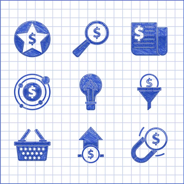 Set Light bulb, Financial growth and coin, Magnet with money, Lead management, Shopping basket, Target dollar symbol, news and Star icon. Vector — стоковый вектор