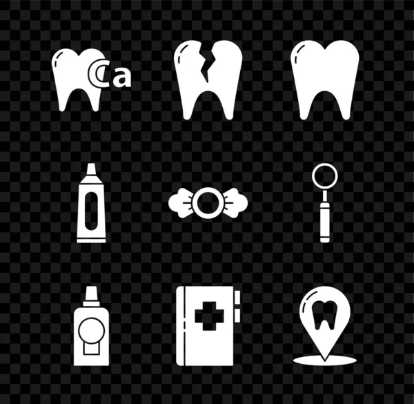 Set Calcium for tooth, Broken, Tooth, Mouthwash plastic bottle, Clipboard with dental card, Dental clinic location, Tube of toothpaste and Candy icon. Vector —  Vetores de Stock