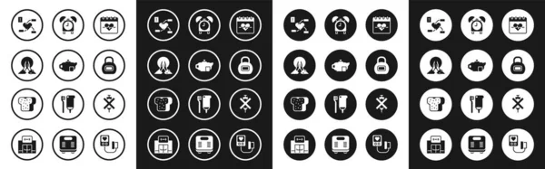 Set Heart rate, Teapot with cup, Meditation, Attention to health heart, Kettlebell, Alarm clock, No doping syringe and Bread toast icon. Vector — Image vectorielle