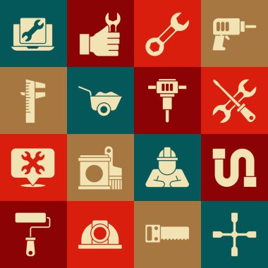 İngiliz anahtarı, sanayi borusu, tornavida ve İngiliz anahtarı, el arabası, Calliper veya kalibre ölçeği dizüstü bilgisayar servisi ve inşaat matkabı ikonu. Vektör