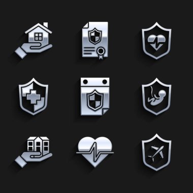 Takvimi kalkan, hayat sigortası, uçak, el ve ikon ile ayarla. Vektör