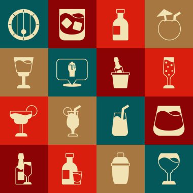 Şarap kadehi, bir bardak viski, şampanya, şişe votka, alkol veya bira barı konumu, tahta fıçı ve şampanya bir buz kovası ikonu. Vektör