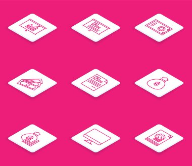 Çizelge tablosu, özgeçmiş, kasa, kağıt para, özgeçmiş, para çantası, diyagram ve bilgisayar monitörü simgesi ile kurulur. Vektör