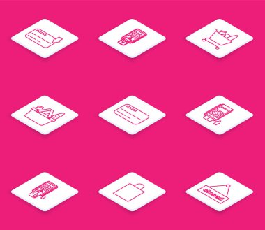 Hat kredi kartı, basılı tarifli POS terminali ve ödemeyi akıllı telefon, alışveriş arabası yemeği, sepet, Pos eklenmiş kredi ve kağıt alışveriş poşeti ikonu ile onaylıyor. Vektör