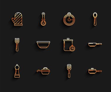 Biber, kızartma tavası, fırın eldiveni, Spatula, Bowl ve yemek pişirme kabı ve mutfak zamanlayıcısı ikonu. Vektör