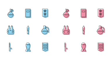 Emniyet çubuğu, havacılık bombası, el bombası, askeri rütbe, bıçak, kurşun geçirmez yelek ve saldırı kalkanı ikonu. Vektör