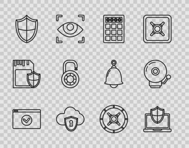 HTTPS, SSL, dizüstü bilgisayar korumalı kalkan, şifre koruması ve güvenlik erişimi, Cloud, Shield, güvenli kilit tekeri ve alarm ikonu ile sitenizi emniyete alın. Vektör